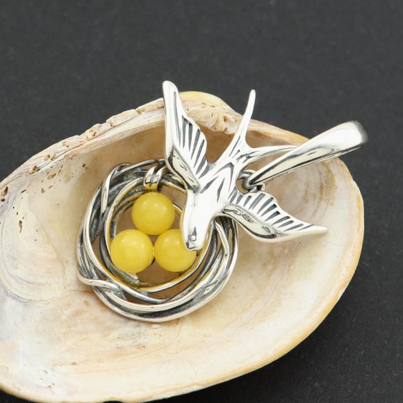 Very unique yellow amber pendant with all three parts moving, sterling silver - Picture 9 of 11